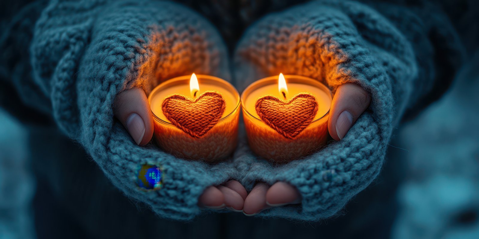 Holding two heart-shaped candles glowing warmly in cozy hands against a blue winter backdrop in a serene outdoor setting